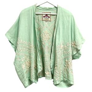 Johnny Was Los Angeles Kimono Wrap Mint Green Embroidered Linen Medium Boho Chic